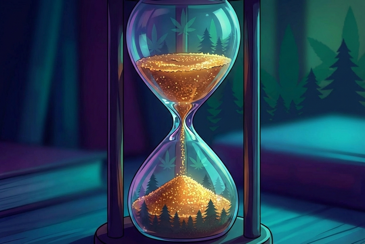 A close-up, artistic shot of an hourglass filled with golden amber granules instead of sand. The lighting is dim, moody, and blue-toned.