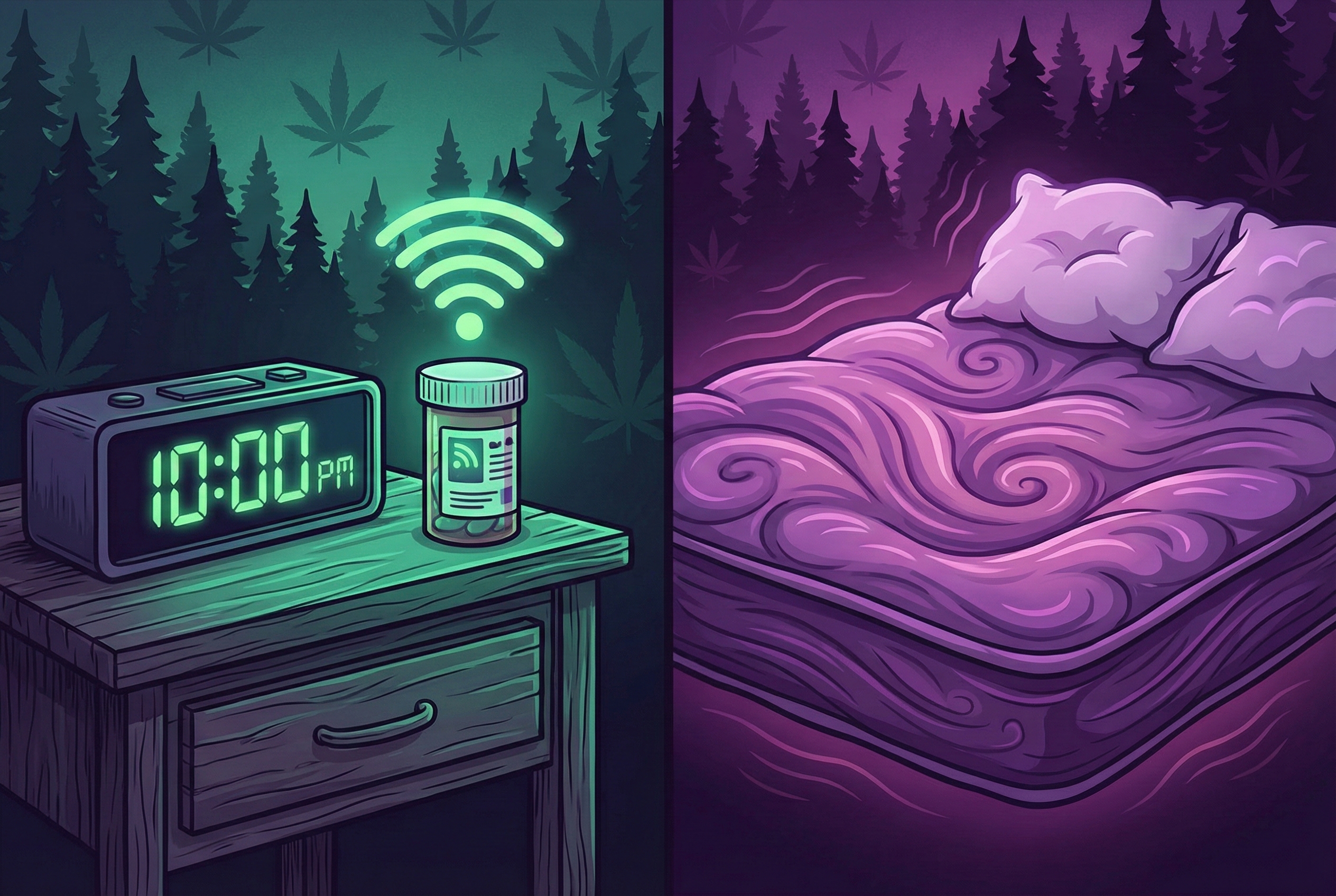 A split graphic. On the left, a digital clock reading 10:00 PM with a pill bottle labeled Melatonin. On the right, a soft, sinking mattress illustration labeled CBN.